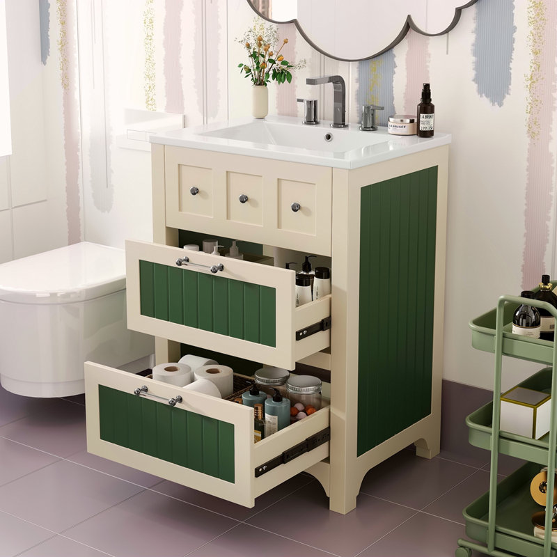 Meuble-lavabo de 24 po avec lavabo en céramique, meuble-lavabo à 2 tiroirs et meuble-lavabo en bois