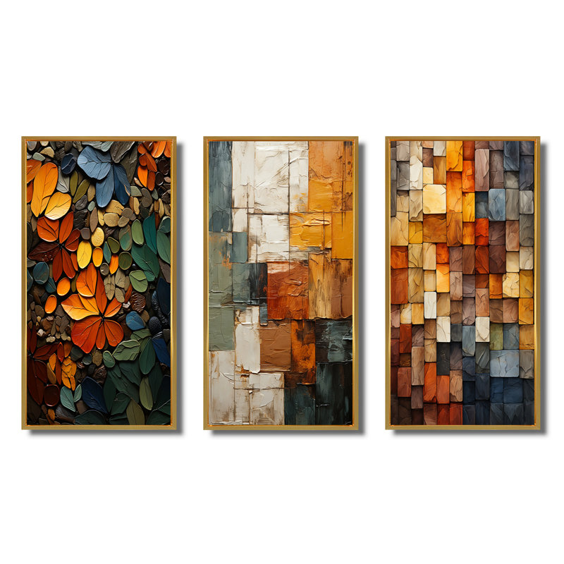 «Hardedge Art Earthy Euphony II», 3 pièces sur toile, Encadrement doré, H 20 po x l 36 po