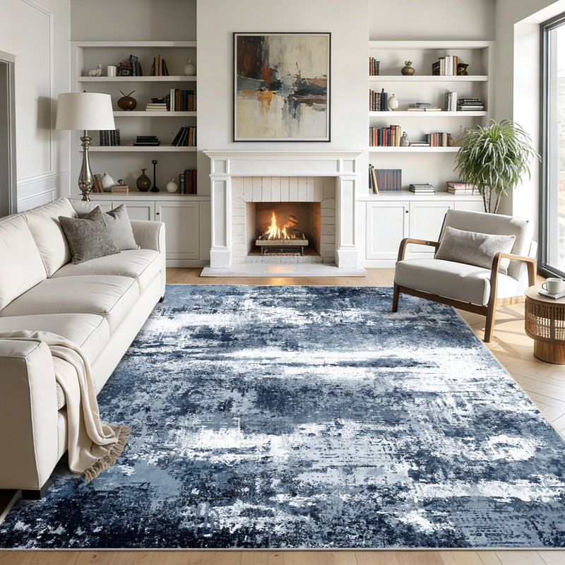 Machine-washable, foldable, soft short-pile printed rug Modern abstract oil painting design in deep blue Suitable for living rooms, bedrooms, studies, and hotels Indoor carpet