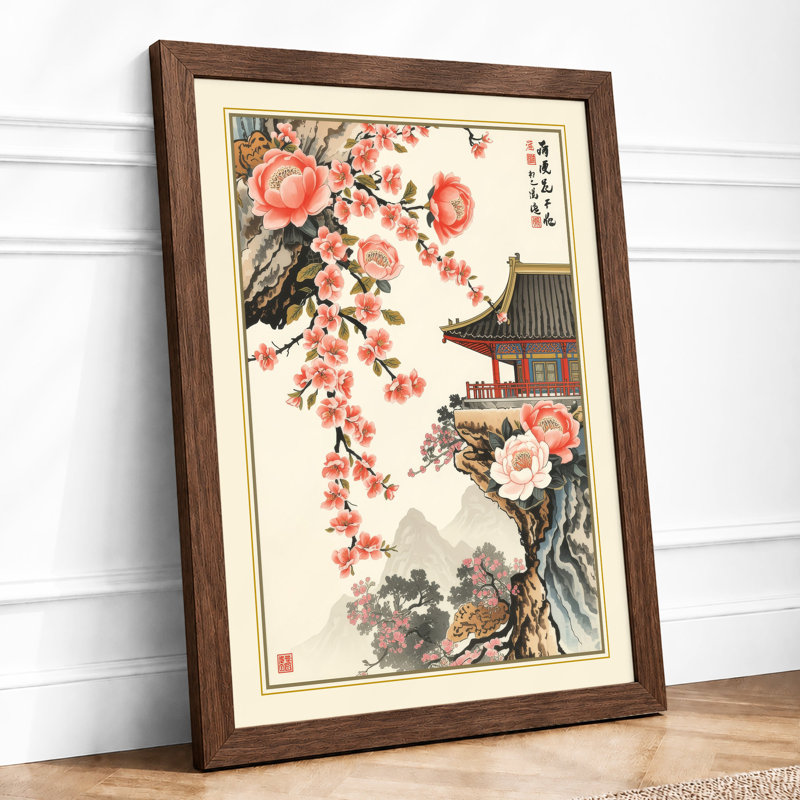 Pagoda Among Blossoms Japandi - Framed Print, A2 - 59.4 x 42.0 cm, Walnut