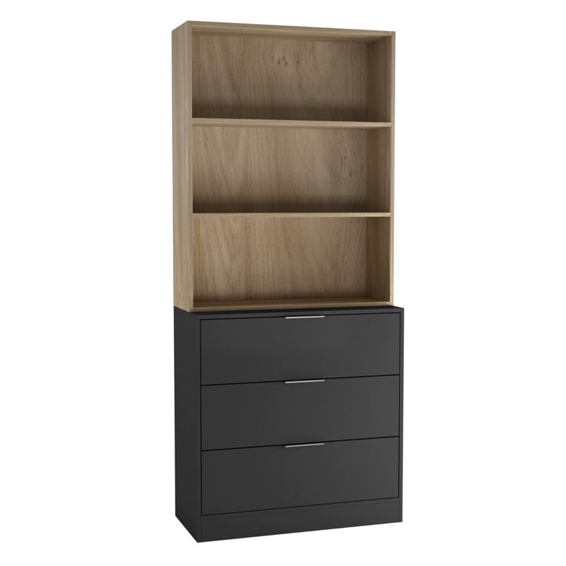 Ophe 180cm H x 60cm W Solid Wood Standard Bookcase, Black/Oak, (3 Shelves) 180cm H x 60cm W x 35cm D