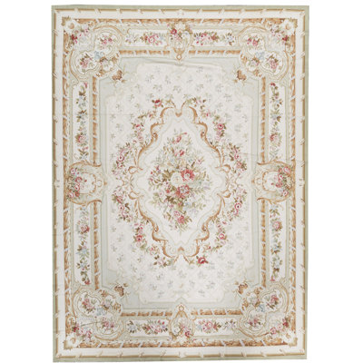 Tapis vert et ivoire noué à la main de haute qualité