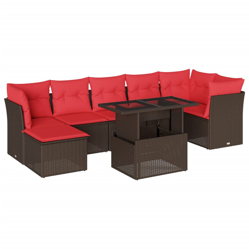  Ensemble de canapé de patio 8 pièces avec coussins en rotin de polyester noir, Rouge, Brun
