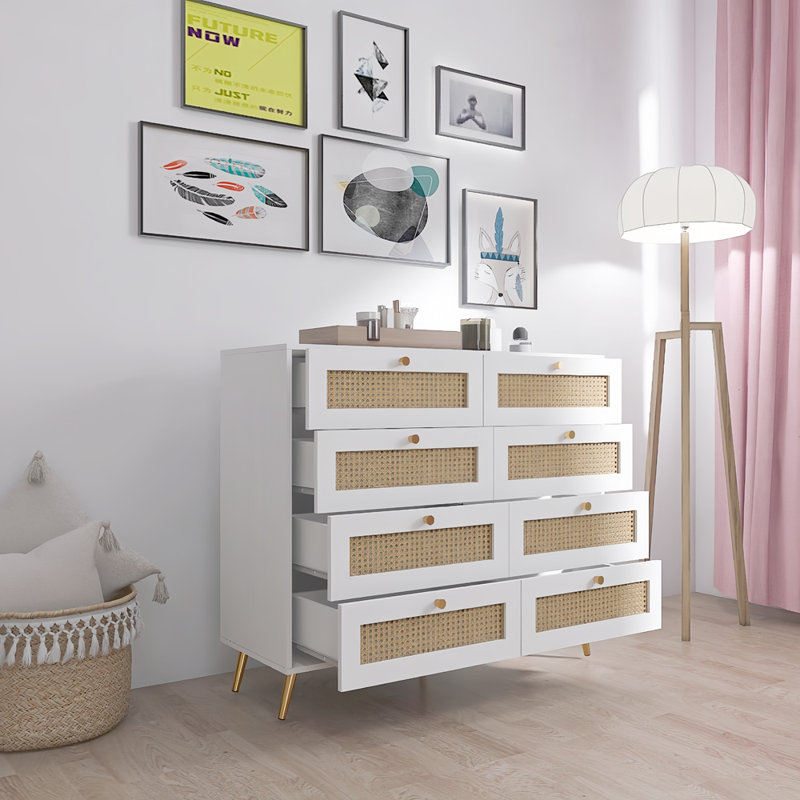Commode contemporaine 8 tiroirs avec rotin