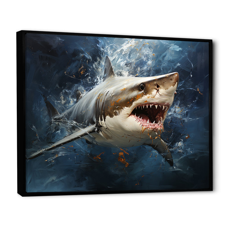 Underwater Shark Attack III - Sharkwall Art, Black Floater Framed, 34" H x 44" W x 1.5" D