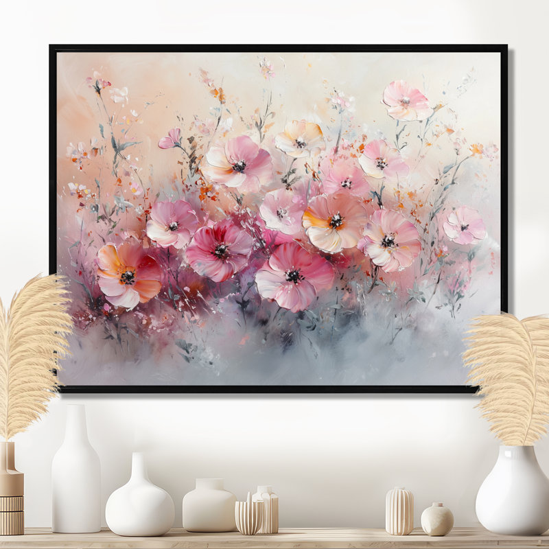 Jackelyne, coucher de soleil aux tons de rose pastel - fleurs sauvages, H 30 po x l 40 po, Avec cadre, Noir