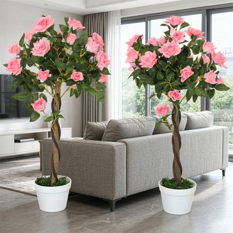 90 cm H Faux Plant in Cement Freestanding  Planter, Pink