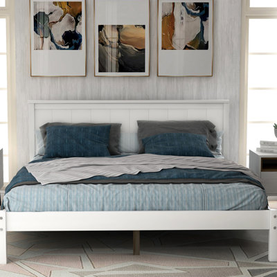 Full Platform Bed With Headboard, White, Excellent Mattress Backing Size White Frame Headboard And Wood Slat Support