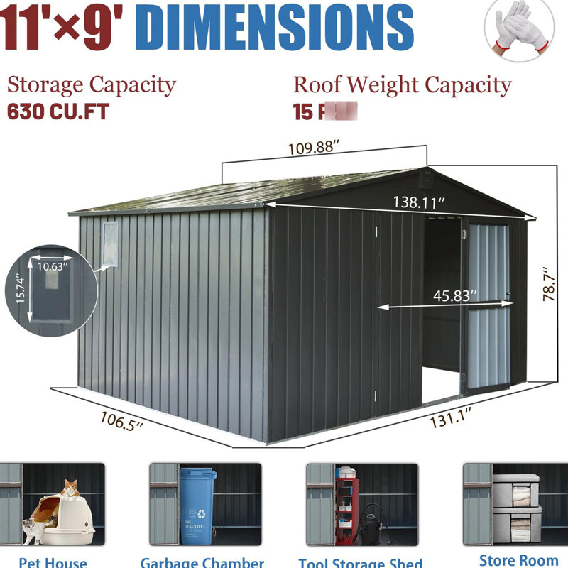 Maison de jardin 11 pi x 9 pi, gris foncé, cadre en acier galvanisé, porte verrouillable, amplement d'espace pour les outils et les vélos, structure de remise grise, imperméable