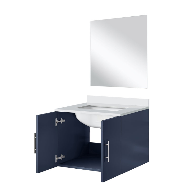 Ensemble de meuble-lavabo simple 24 po avec plateau et miroir Geneva, Quartz blanc, Gris foncé