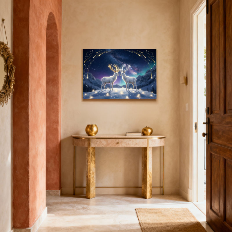 Ensemble de 1 tableau sur toile tendue représentant un cerf blanc sous un ciel étoilé, H 12 po x l 18 po, Cadre photo unique