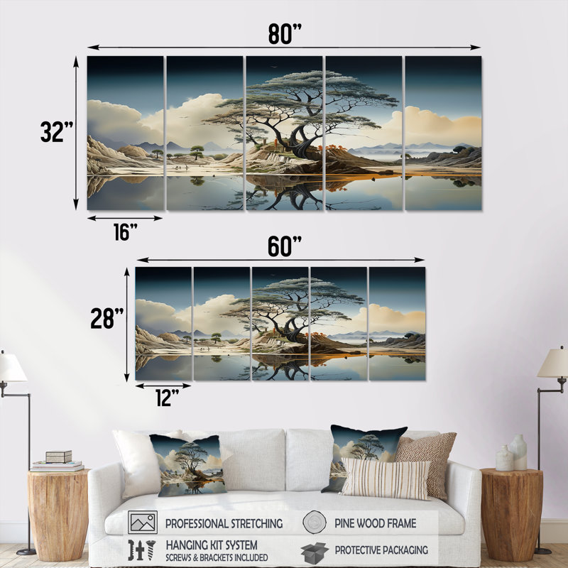 "5", "Paysage du désert surréalisme III", H 28 po x l 60 po