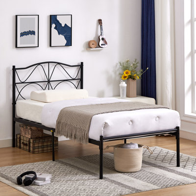 Metal Bed Frame with Headboard Heavy Duty Strong Steel Slat Support Platform Twin Size Bed No Box Spring Needed, Easy Assembly, Black