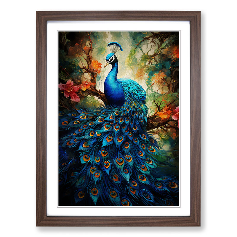 Peacock Contemporary - Single Picture Frame Print on Wood, 34cm H x 25cm W x 2" D, Walnut Framed