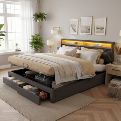 Estella Grey Linen Upholstered 4Ft6 (135*190Cm) Double Bed With LED Lighting Hydraulic Storage Bed With Bed Box, Drawers And Storage Compartments