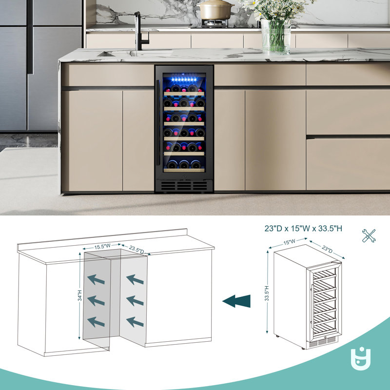Euhomy 15 Inch 28 Bottles Under-Counter Refrigerators, Single Zone Wine Fridge, Wine Refrigerator Digital Temperature Control, Freestanding Wine Chiller With Removable Shelves