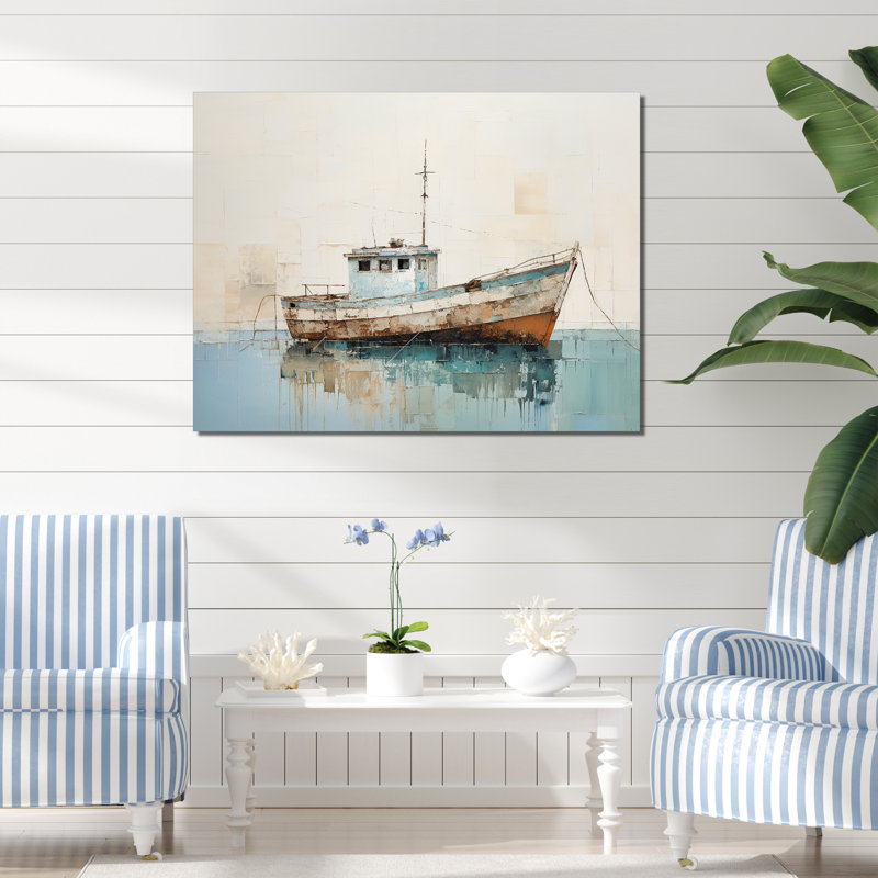 Minimalisme, bateau de pêche sur la plage I, impression sur toile, H 24 po x l 32 po, Toile tendue