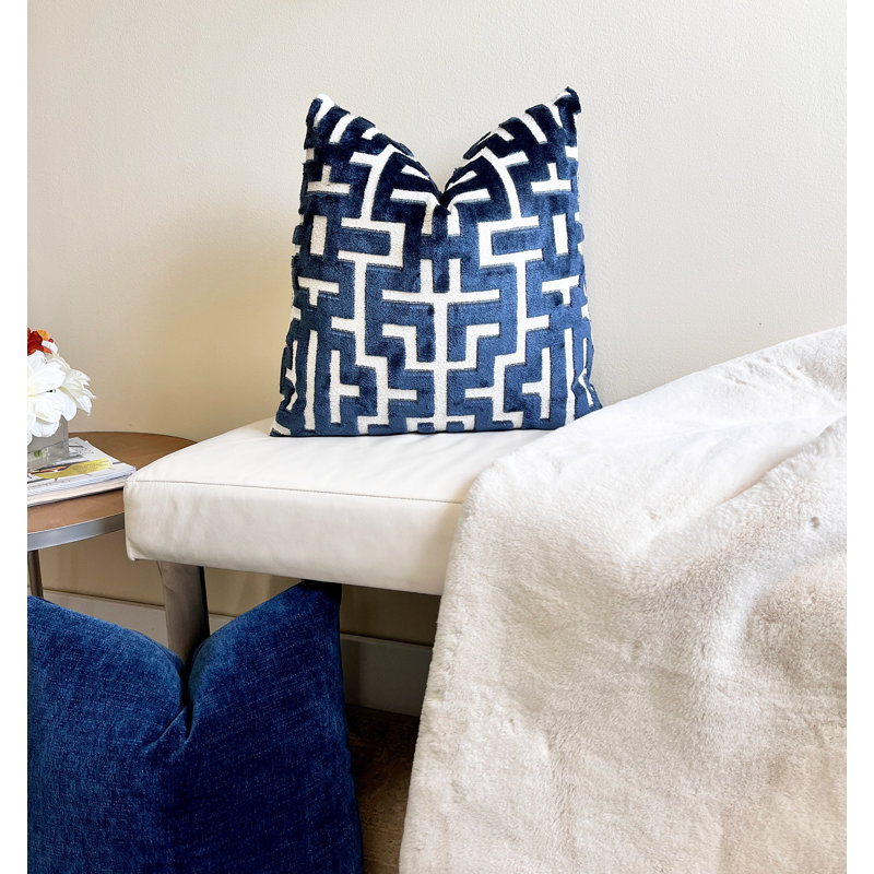 Myriad Velvet Throw Pillow Cover, 20"H x 20"W, White/Navy Geometric