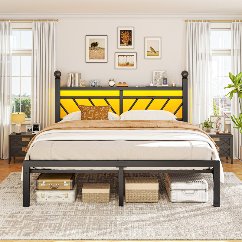 Metal Bed Frame With Led Lights And Charging Station, Bed Frame With Headboard And Footboard With Storage Shelves And Under Bed Storage, Noise Free
