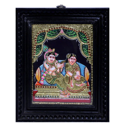 Peinture de Radha Krishna Tanjore avec cadre en bois de teck | Couleurs traditionnelles avec or 24 carats | Fait à la main