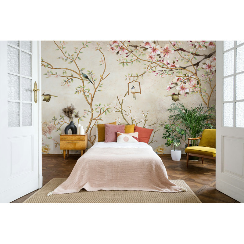Papier peint rétro avec cage à oiseaux Cherry Blossom, L 100 po x l 150 po