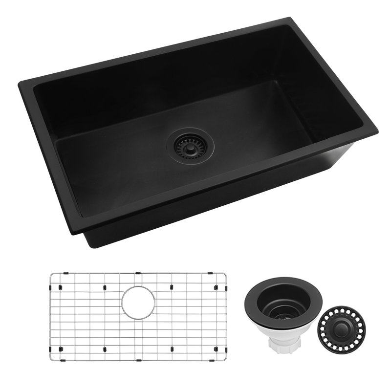 31'' L Undermount Single Bowl White Granite Kitchen Sink, Black