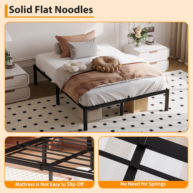 Cadre de lit simple / double / grand 14 pouces, cadre de lit plateforme robuste en métal double, rangement sous le lit, aucun sommier nécessaire
