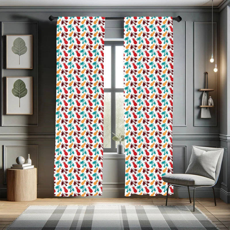 Tropical Multicolor Palm and Pineapple Polyester Curtain Panels, 28" x 63", Set of 2