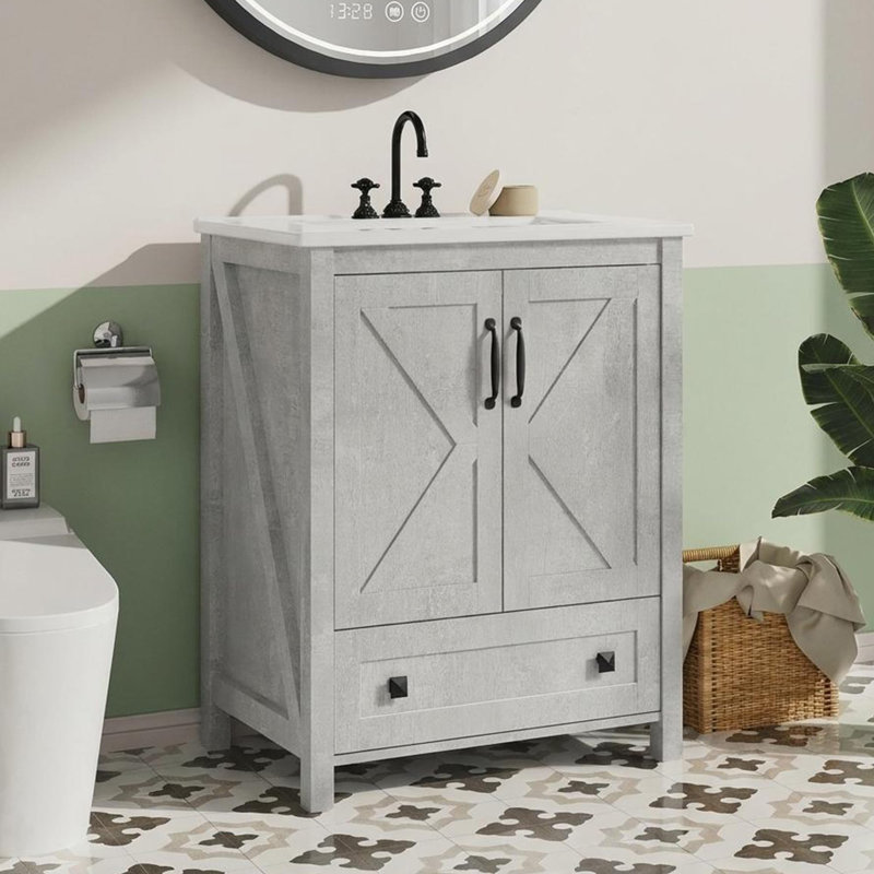 Qeetex Contemporary Bathroom Vanity with Ceramic Basin - Waterproof Freestanding Cabinet, 2 Doors & Drawer for Home Office - Pre-Drilled, Easy Install - Cement Gray, 30 Inches