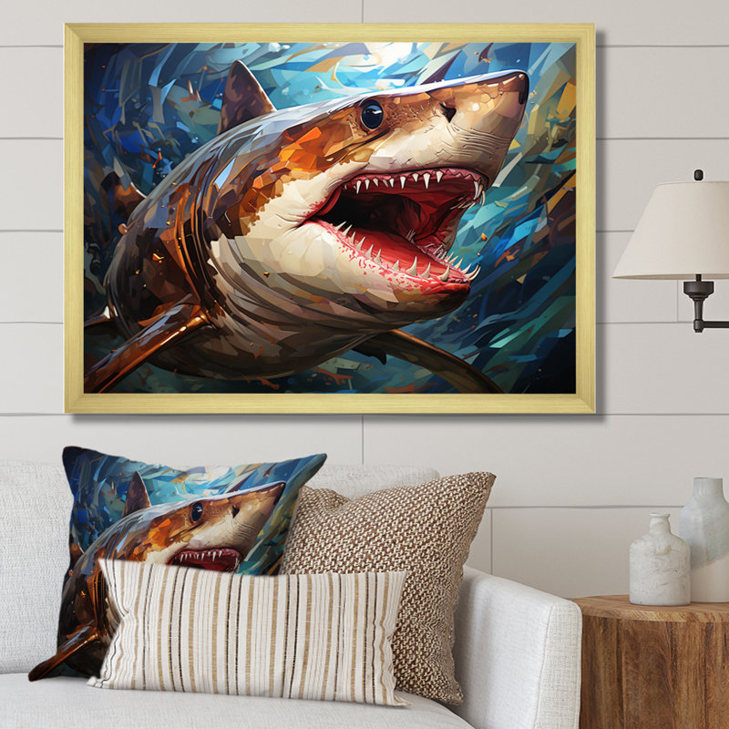 " Blue Shark Predators Glare Geometric II ", Gold Single Picture Framed, 24" H x 32" W x 1" D