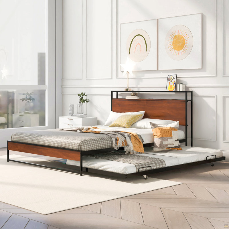 Queen Size Metal Platform Bed Frame With Trundle, USB Ports And Slat Support ,No Box Spring Needed Black, Black