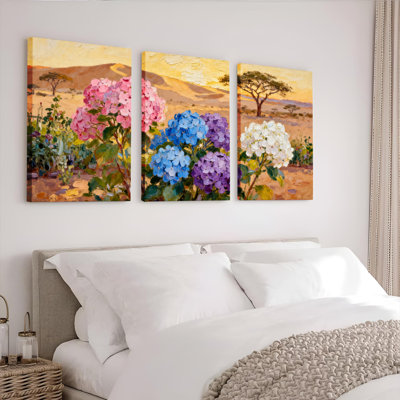 Ensemble de 3 tableaux sur toile représentant un paysage floral d'hortensias, pour la décoration du salon, de la chambre et de la maison.