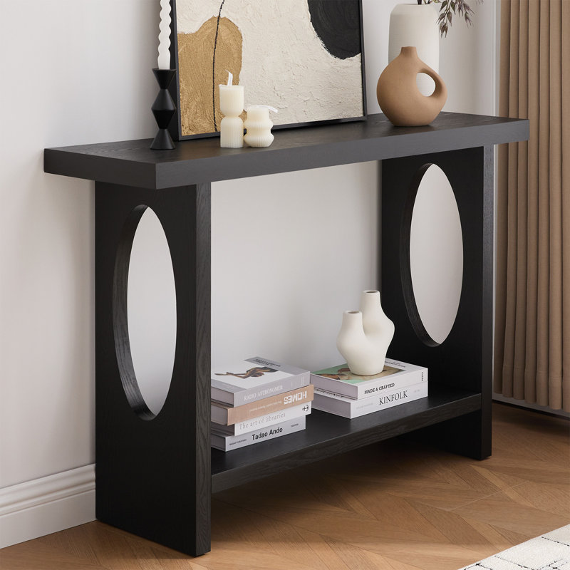 47.2" Rectangle Solid Wood Veneer Console Table with Open Storage, Black