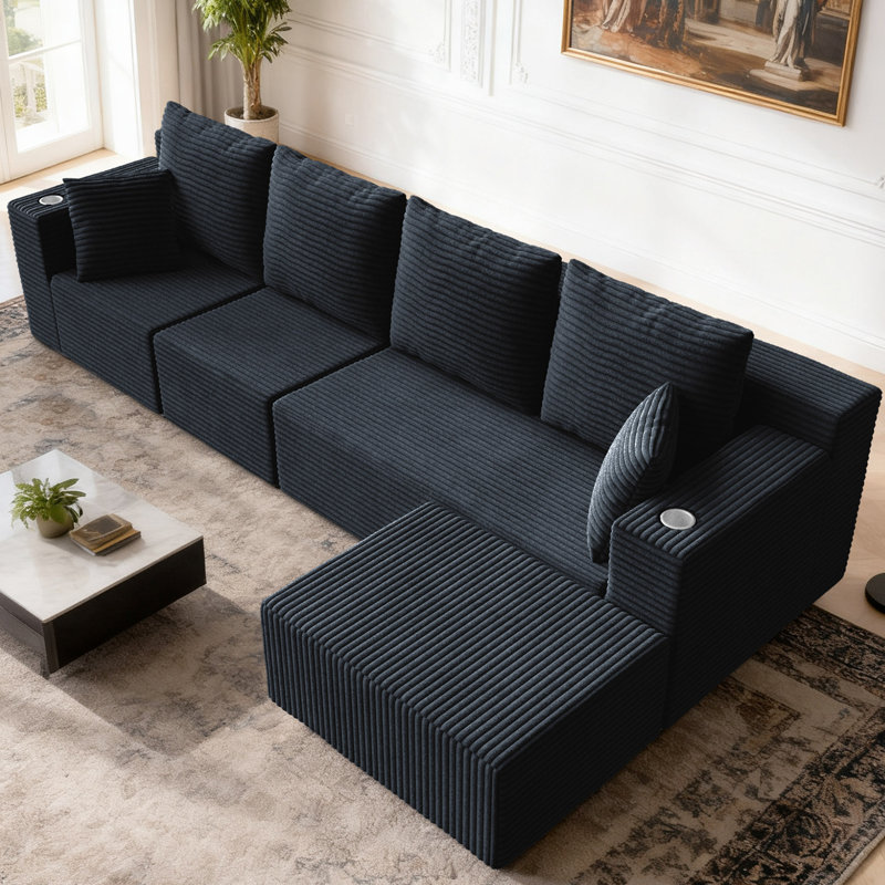 Boneless 137" Cloud Sectional Couch Boneless Sofa in a Box, Foam Floor Modular Sofa w/Deep Seat, Fluffy Corduroy Upholstered Couch with Movable Ottoman