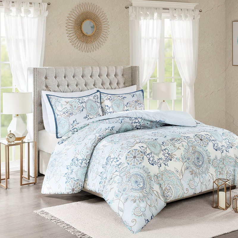 Literie en coton double / grand avec housse de couette réversible à motif bicolore et médaillon