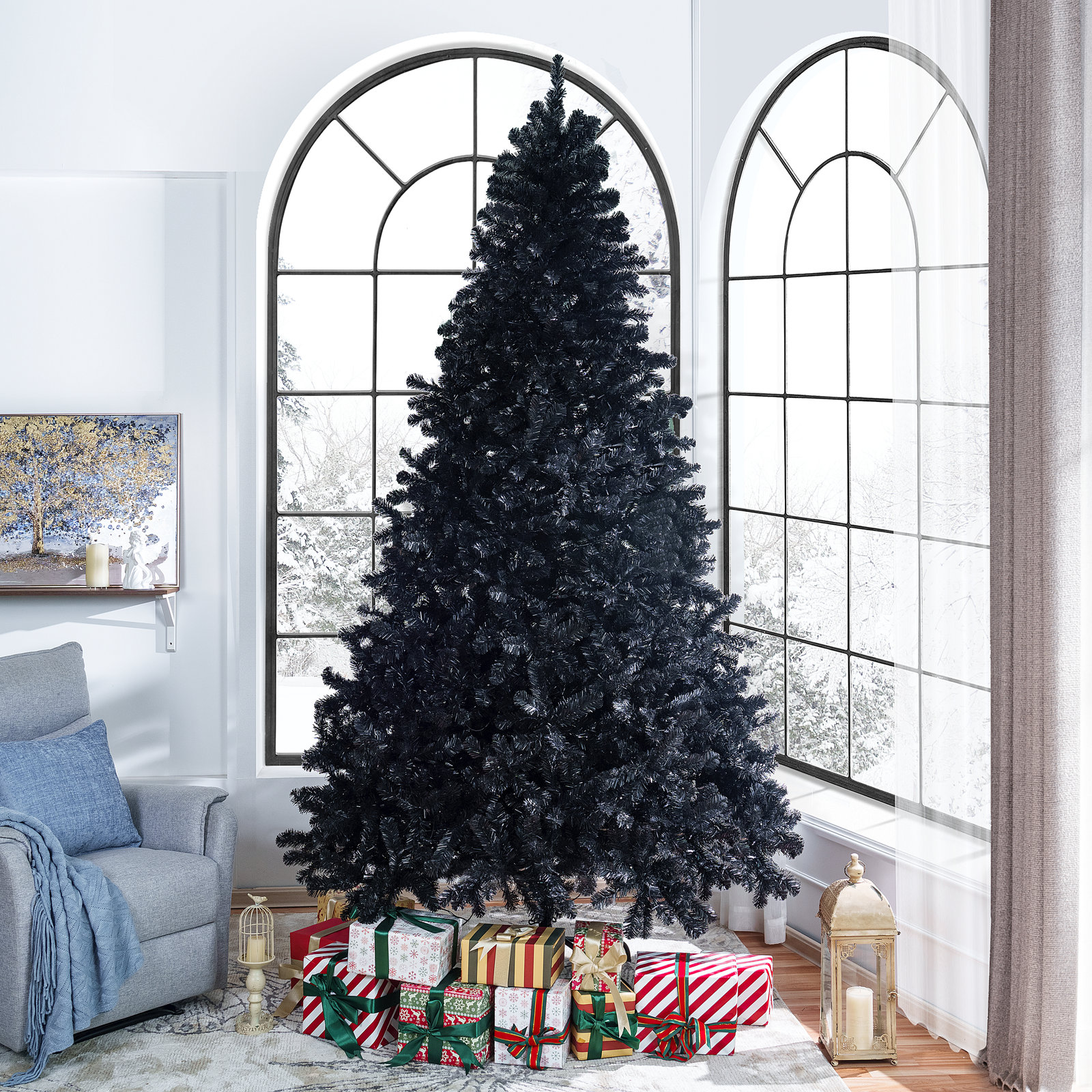 Black Pre-Lit Artificial Christmas Tree, 7.5 ft