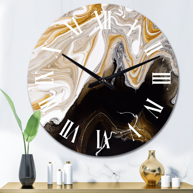 Horloge murale moderne noir et blanc à vagues de marbre liquide II, Grand