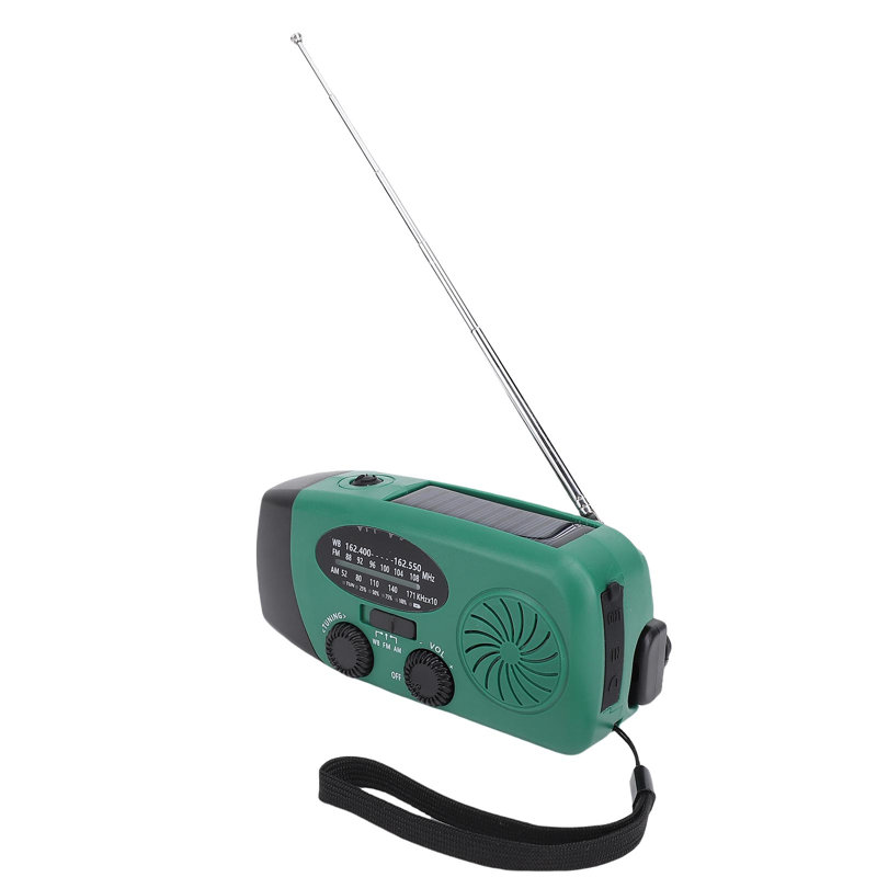 Radio météo solaire d'urgence à manivelle avec éclairage DEL, alarme SOS et batterie externe portable AM/FM/WB verte, Vert