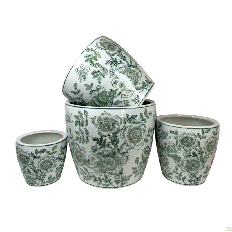 Ensemble de 4 pots à fleurs Kerry, motif floral vert, céramique blanche