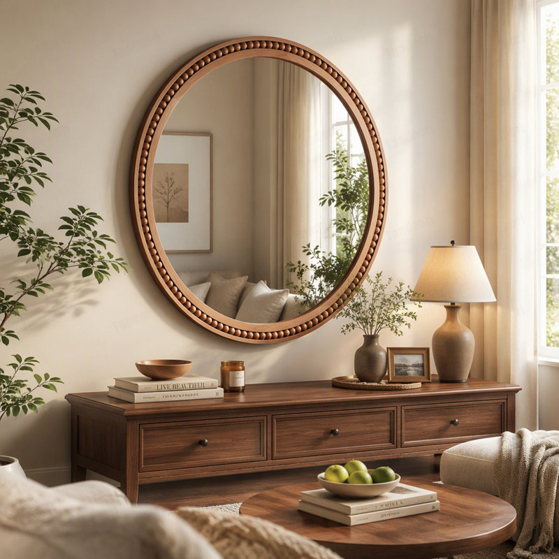 Miroir mural jaune brun 30 po x 30 po avec cadre en bois massif perlé, miroir rustique