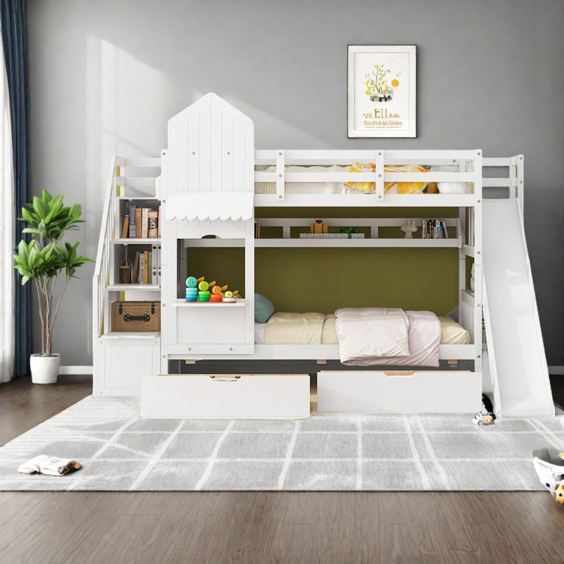 Castle Style Twin Bunk Beds, Solid Wood, Playful Modern Design With Slide And Storage