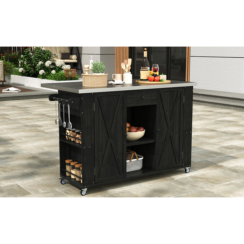 Outdoor Kitchen Island With Stainless Steel Countertop - Fir Wood Construction Ample Storage, Towel Rack, Spice Bottle Opener, Moveable Black Construction, Spacious Mobility Advantage Presented And