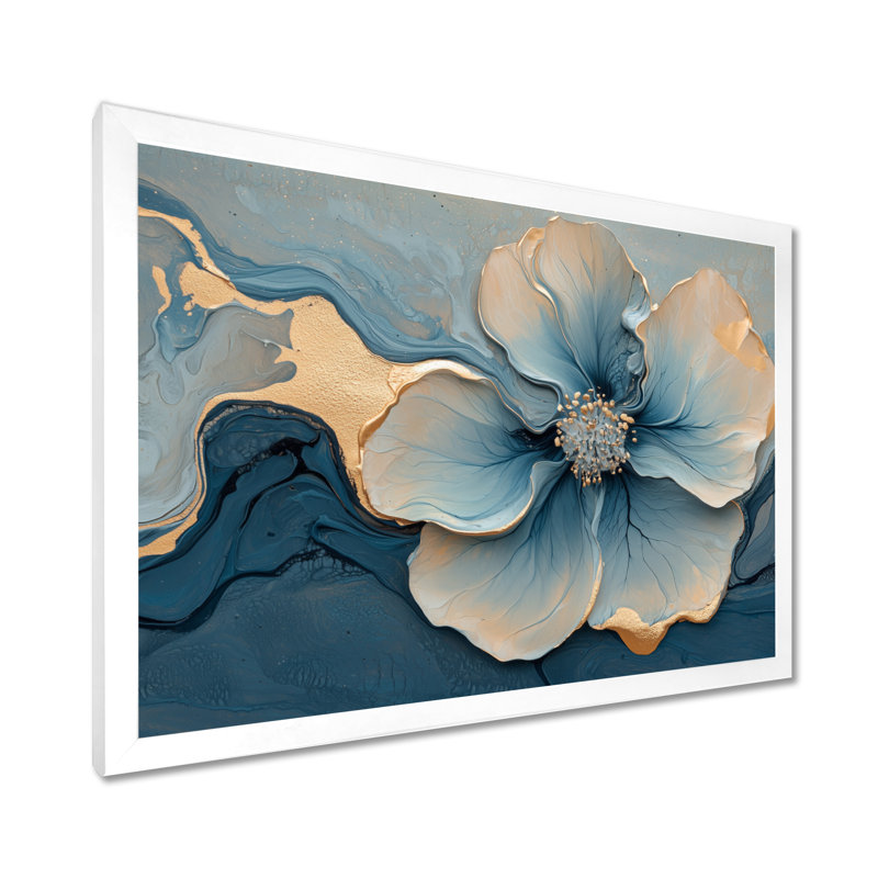 Marbre de geramium abstrait Irmtraut en bleu doré I - art mural en marbre, H 30 po x l 40 po, Blanc