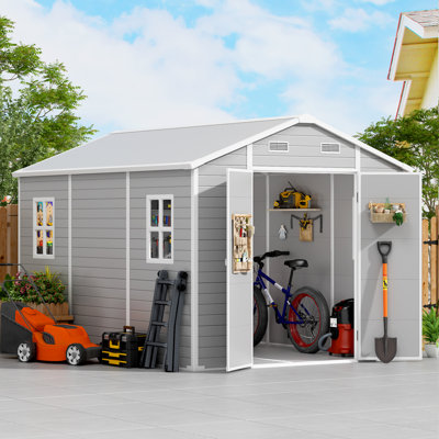 8x12 Ft Resin Outdoor Storage Shed With Floor, Plastic Garden Storage Shed With Lockable Door & Vent, All Weather Versatile Tool Shed For Backyard, Patio, Lawn