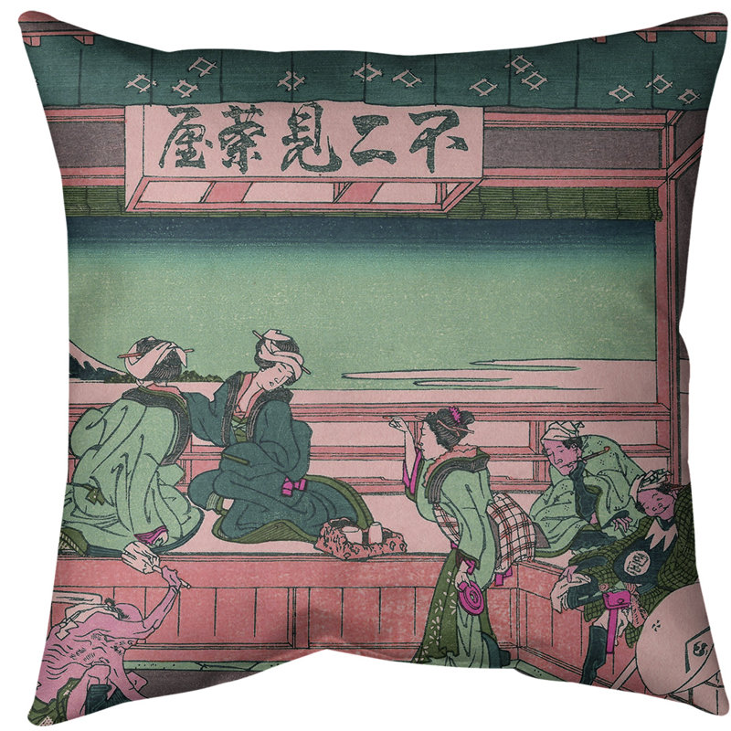 Coussin Yoshida at Tokaido, 14 po x 14 po, Bourre en polyester, Rose / Vert