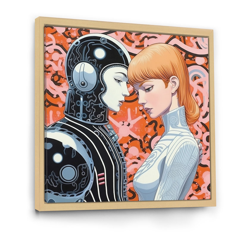 «Hot Robots in Love Retro Illustration I», reproduction sur toile, 16" H x 16" W, Cadre flottant brun