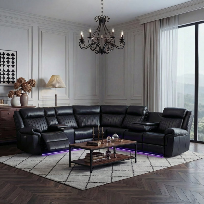 3-Piece Faux Leather L-Shaped Power Recliner Sofa with LED Lighting, Wireless Charging & Multimedia Console, Black