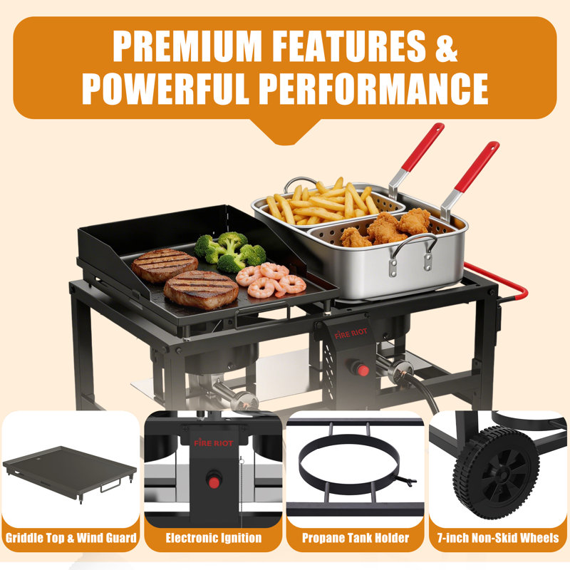 100,000 BTU Propane Deep Fryer and Griddle Combo Cooking Station, Heavy-Duty Double Burner Outdoor Stove with Wheels for Outdoor Cooking
