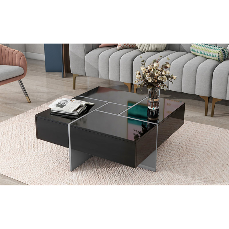 Table basse au design unique avec 4 compartiments de rangement cachés, table basse carrée avec plateau coulissant extensible, table basse ultrabrillante pour salon, table basse 31,5 "x 31,5"