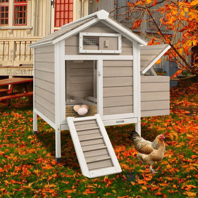 Outdoor Wooden Chicken Coop with Nesting Box and Ramp, Weatherproof Hen House with Predator-Safe Locks, Slide-Out Waste Tray & Elevated Base, Small